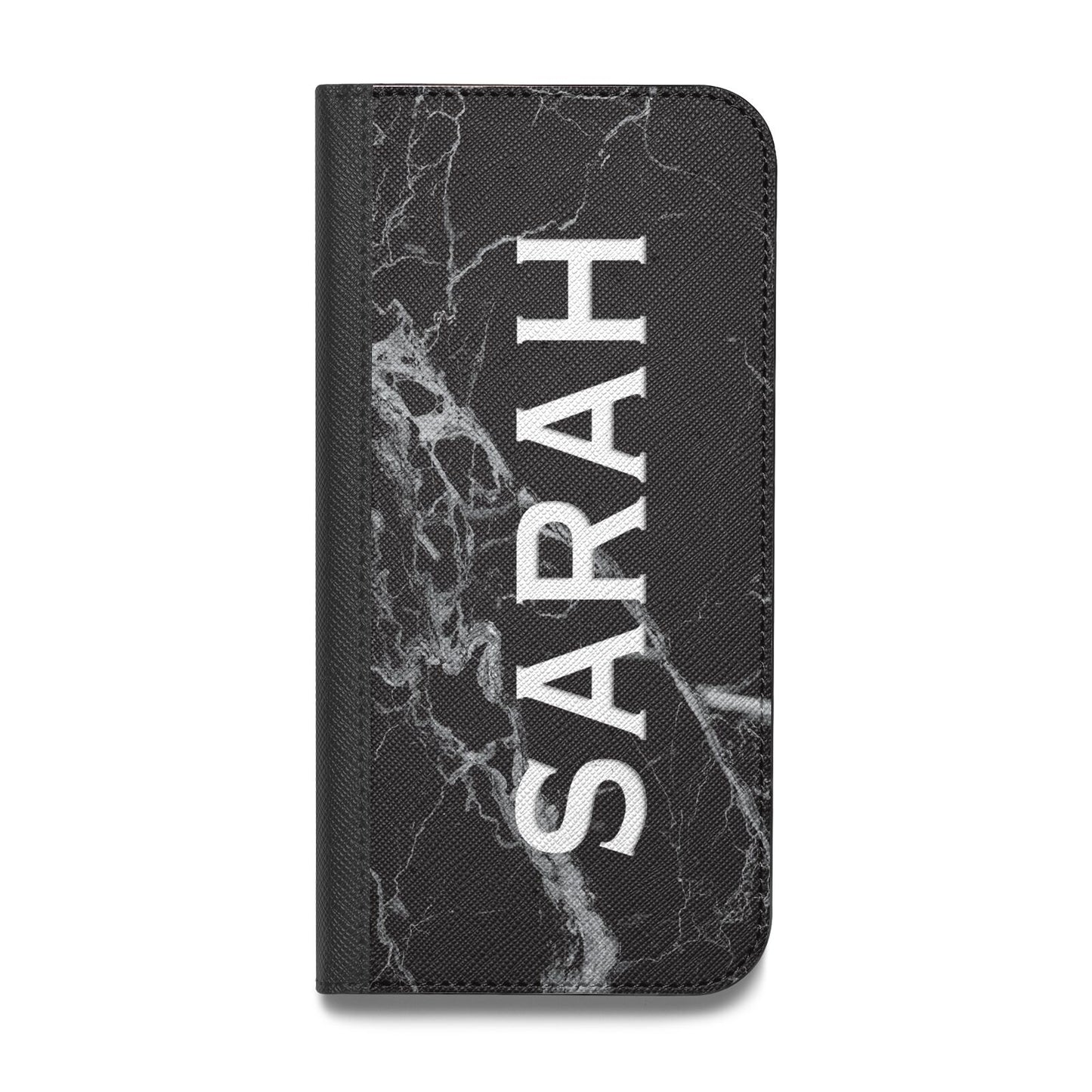 Personalised Clear Name Cutout Black Marble Custom Vegan Leather Flip iPhone Case