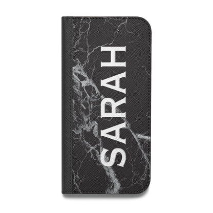Personalised Clear Name Cutout Black Marble Custom Vegan Leather Flip iPhone Case