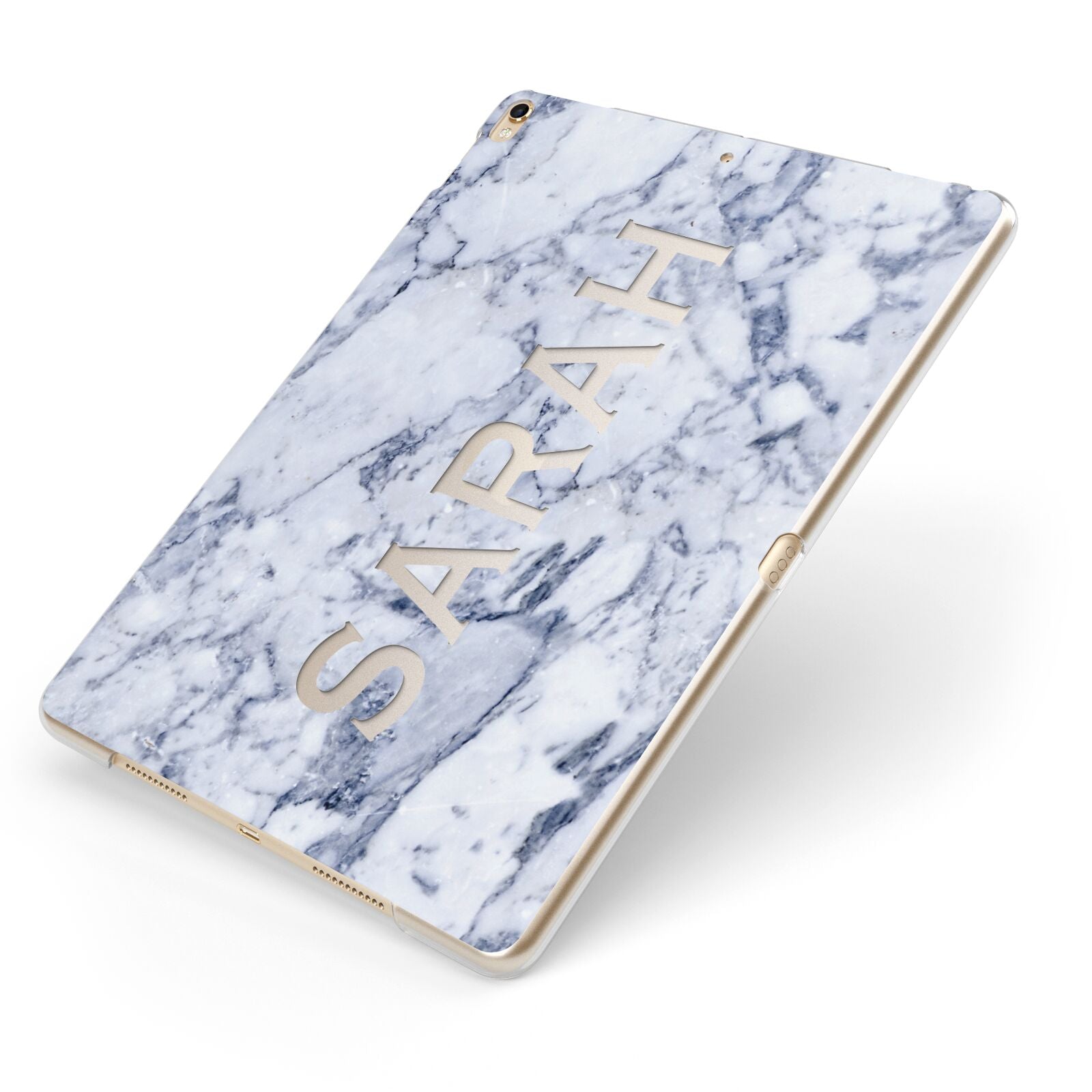 Personalised Clear Name Cutout Blue Marble Custom Apple iPad Case on Gold iPad Side View