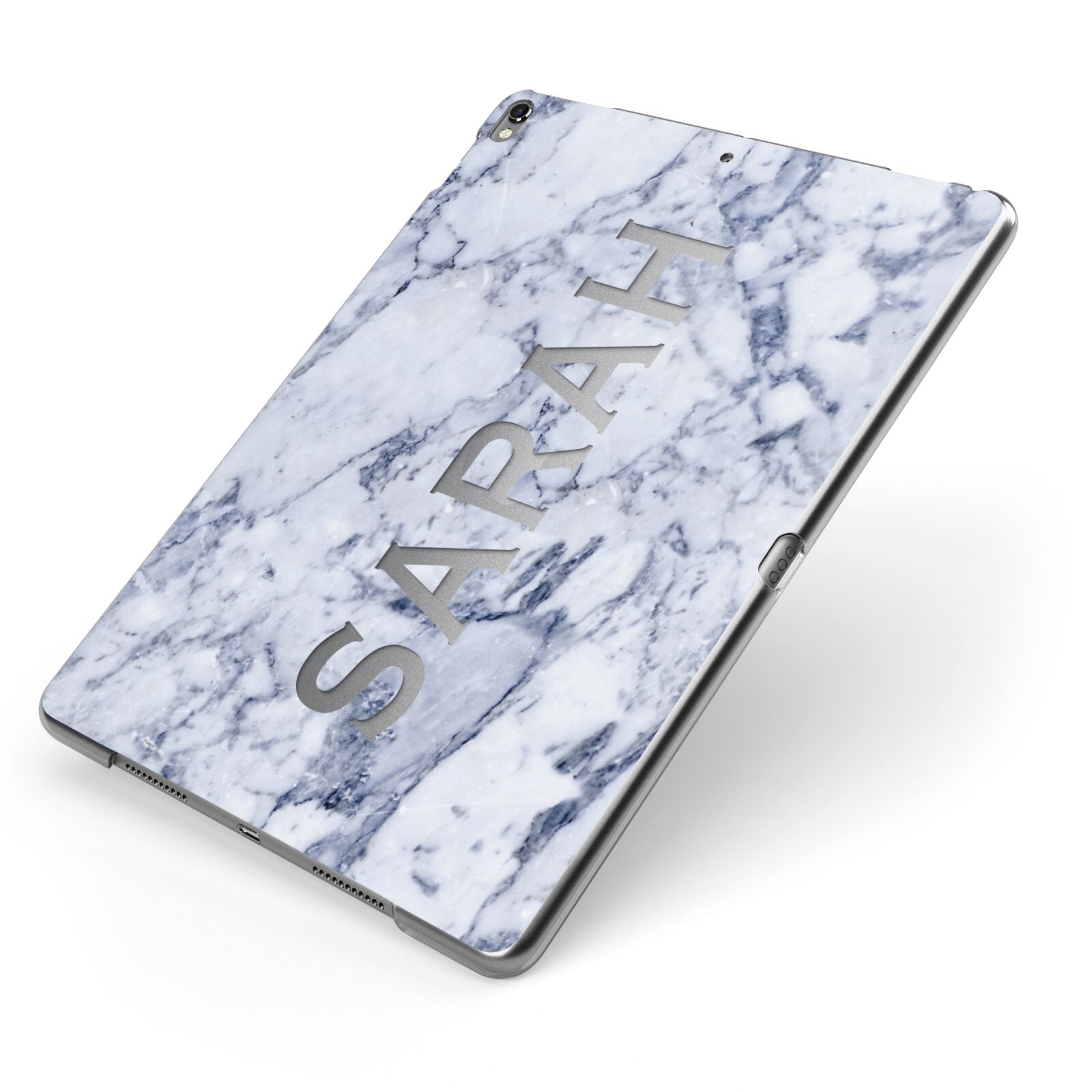 Personalised Clear Name Cutout Blue Marble Custom Apple iPad Case on Grey iPad Side View