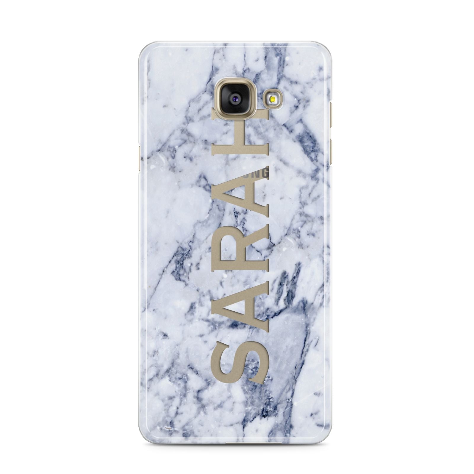 Personalised Clear Name Cutout Blue Marble Custom Samsung Galaxy A3 2016 Case on gold phone
