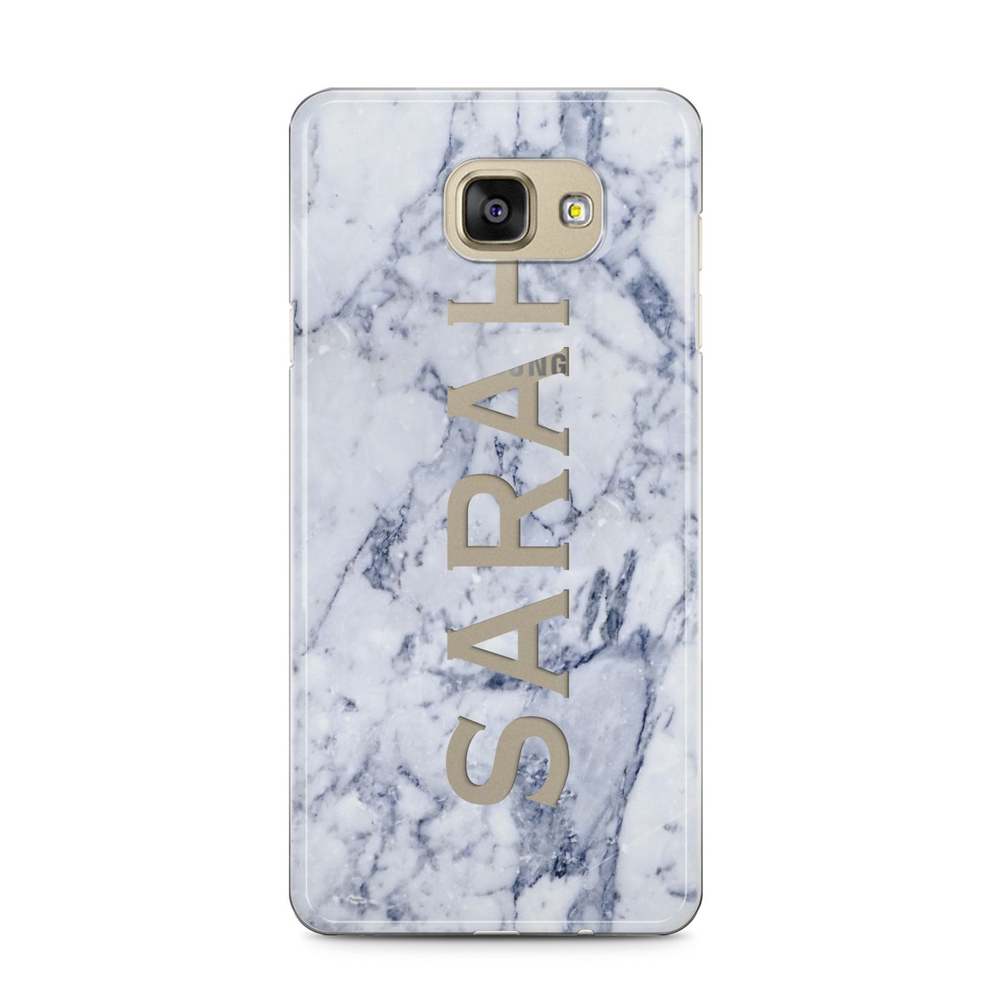 Personalised Clear Name Cutout Blue Marble Custom Samsung Galaxy A5 2016 Case on gold phone
