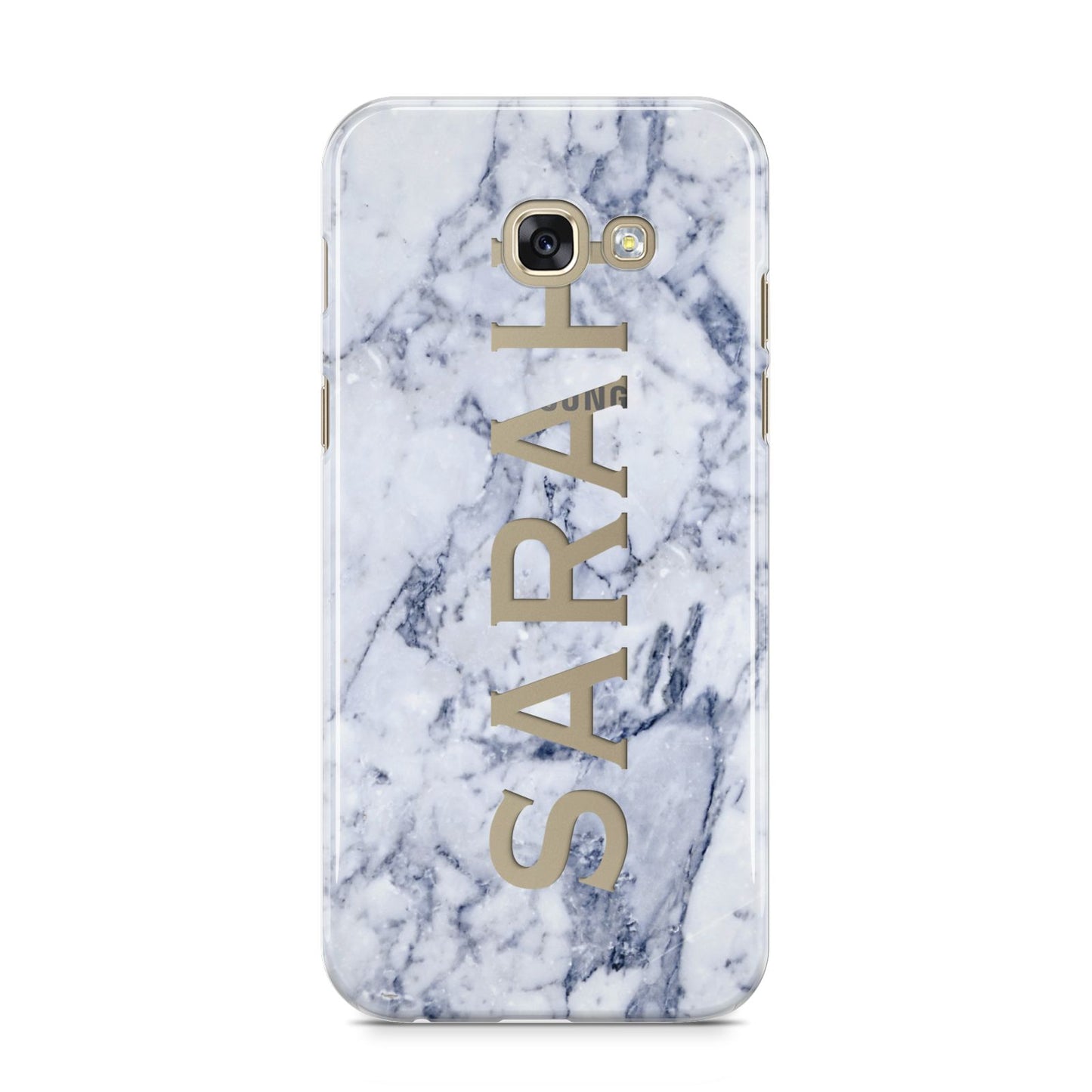 Personalised Clear Name Cutout Blue Marble Custom Samsung Galaxy A5 2017 Case on gold phone
