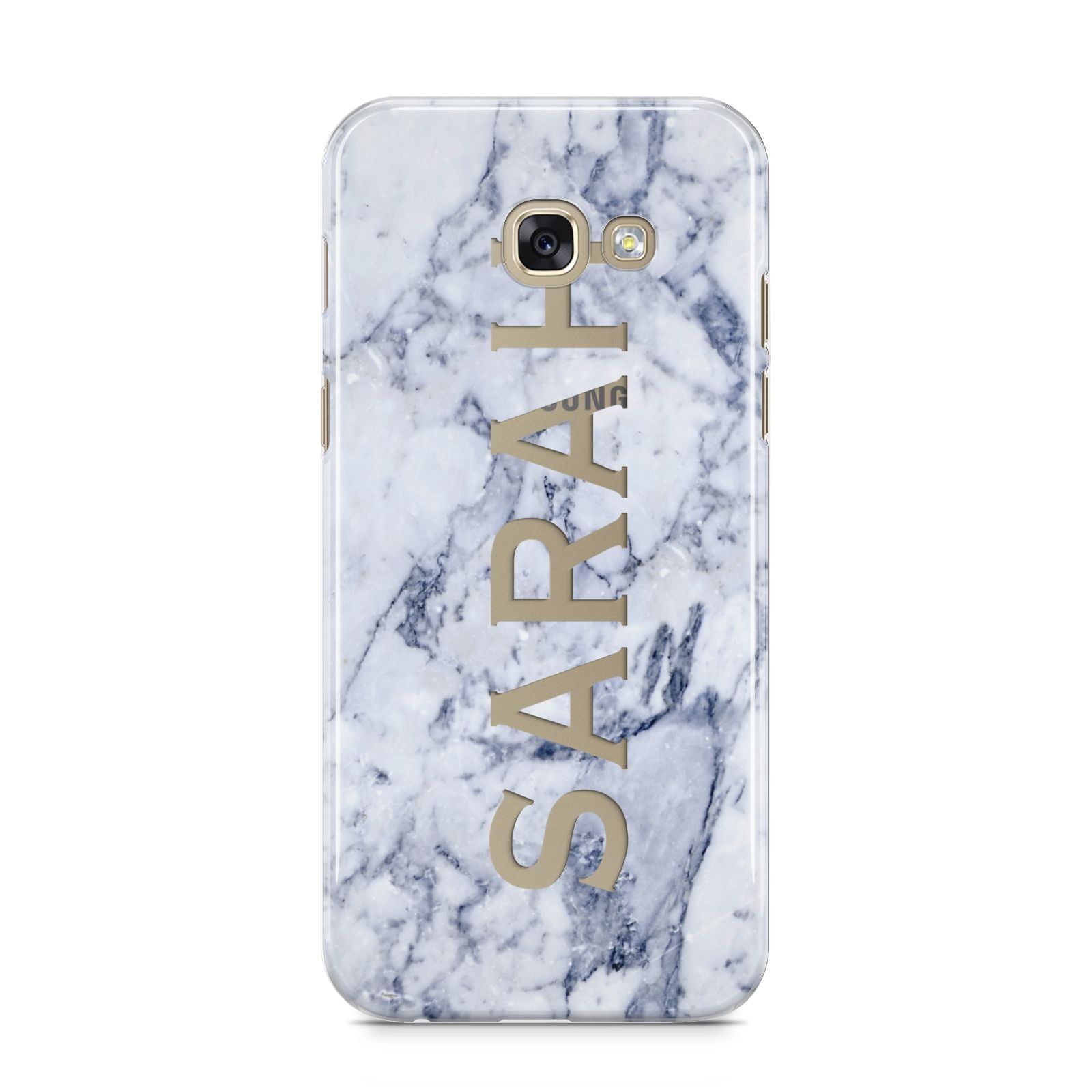 Personalised Clear Name Cutout Blue Marble Custom Samsung Galaxy A5 2017 Case on gold phone
