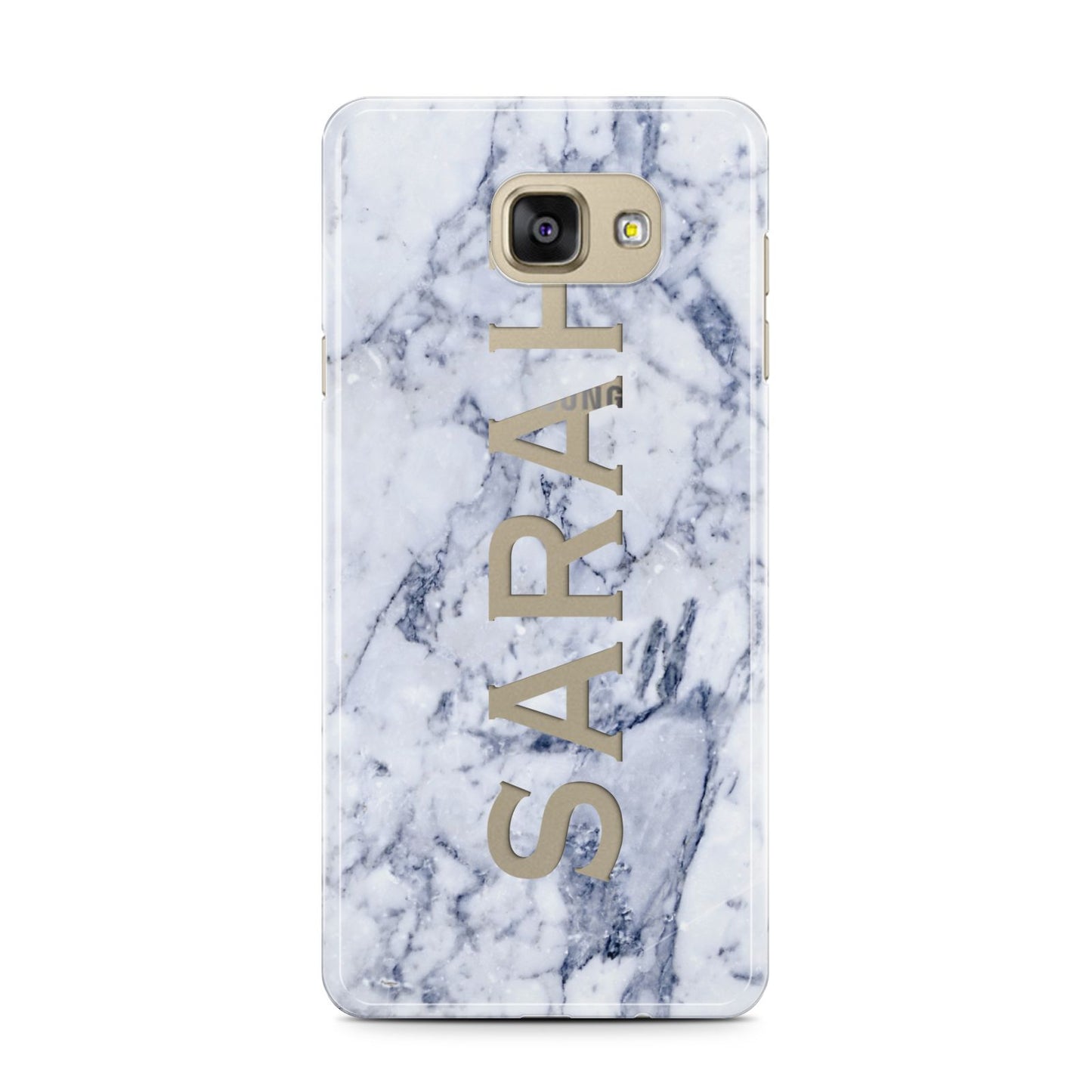 Personalised Clear Name Cutout Blue Marble Custom Samsung Galaxy A7 2016 Case on gold phone