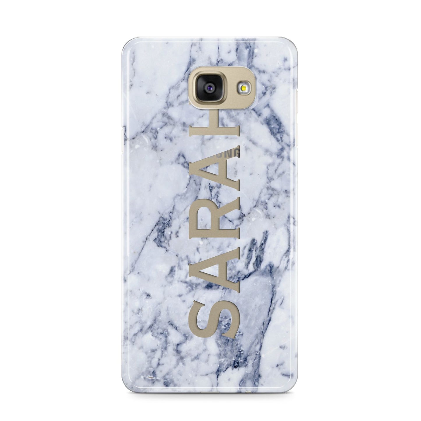 Personalised Clear Name Cutout Blue Marble Custom Samsung Galaxy A9 2016 Case on gold phone