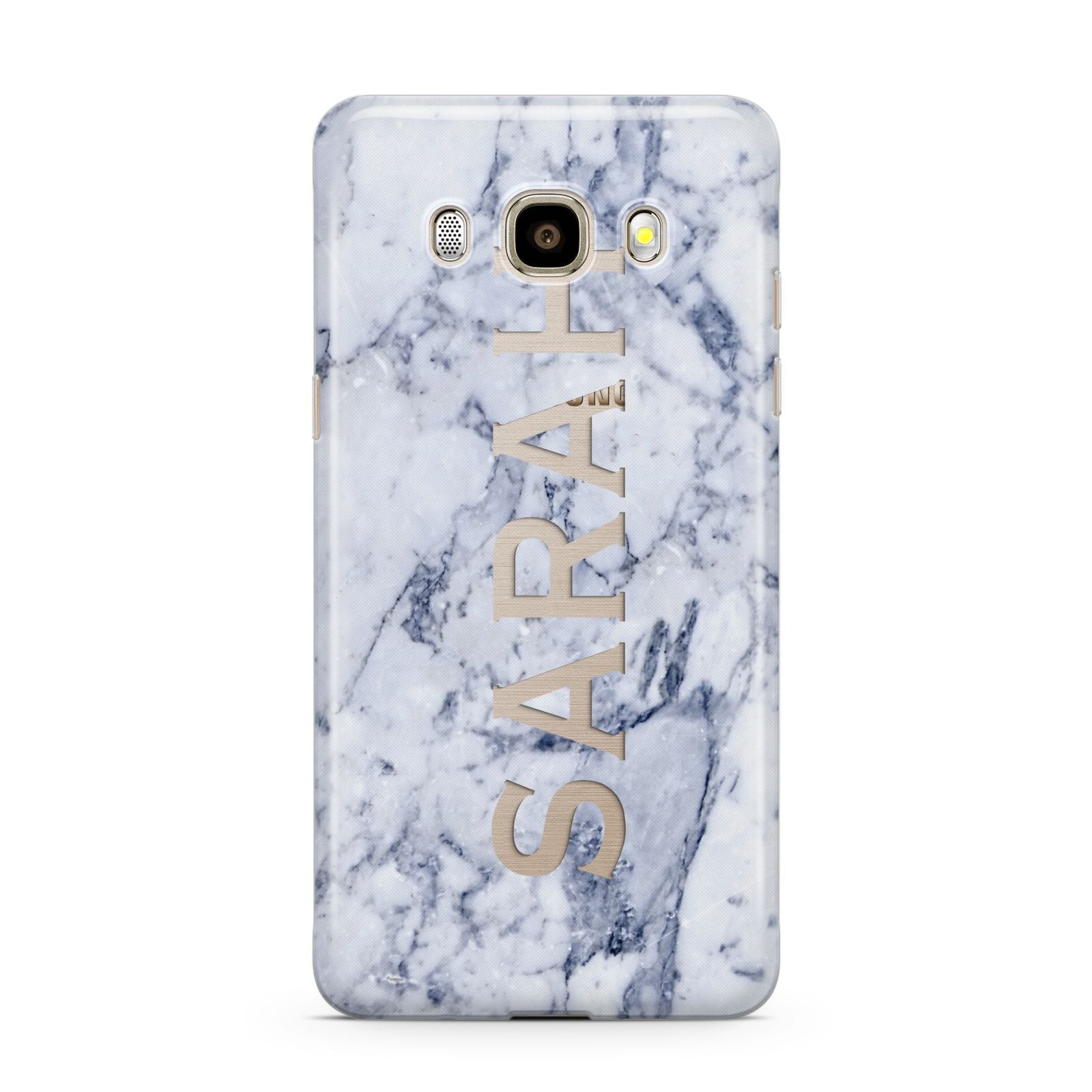 Personalised Clear Name Cutout Blue Marble Custom Samsung Galaxy J7 2016 Case on gold phone