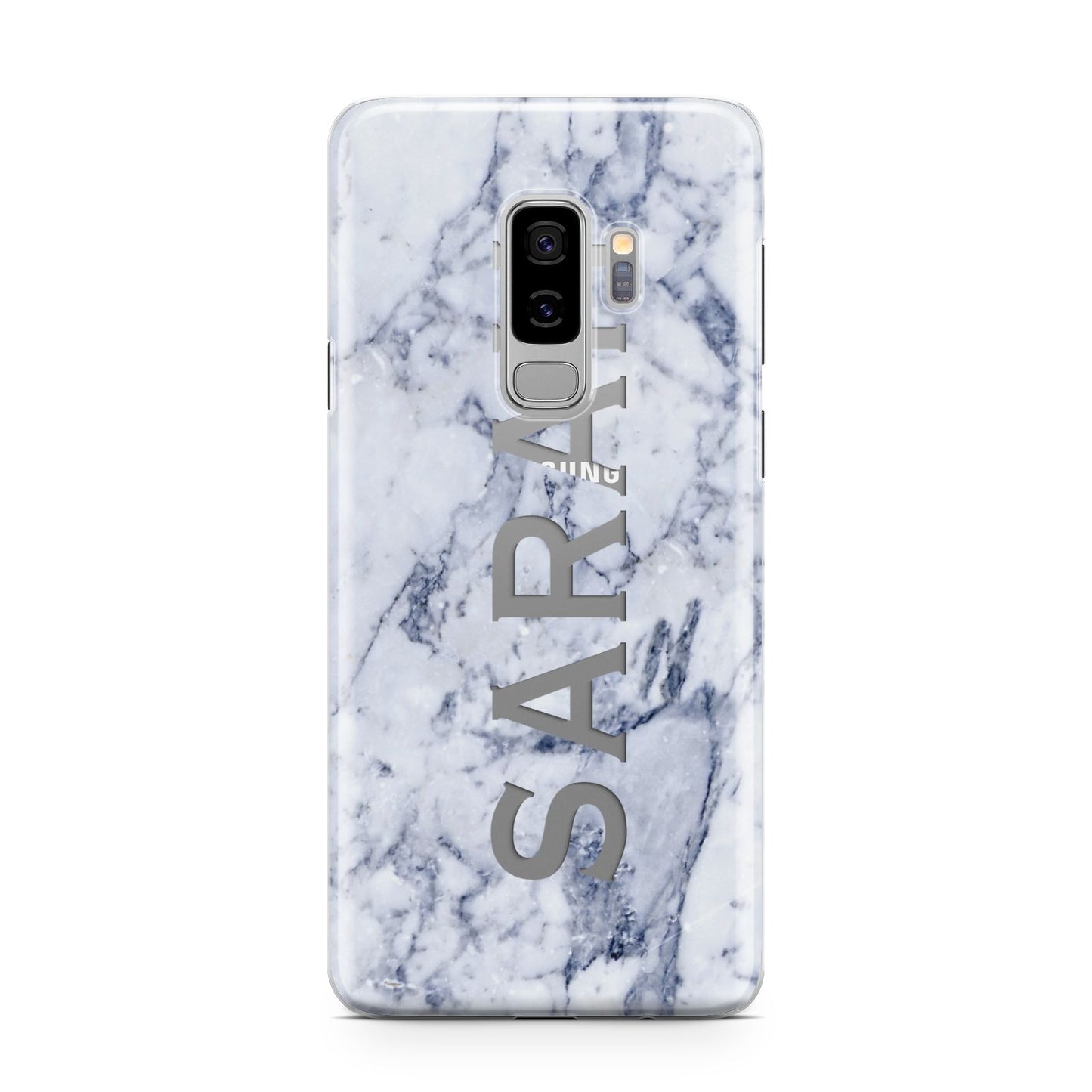 Personalised Clear Name Cutout Blue Marble Custom Samsung Galaxy S9 Plus Case on Silver phone