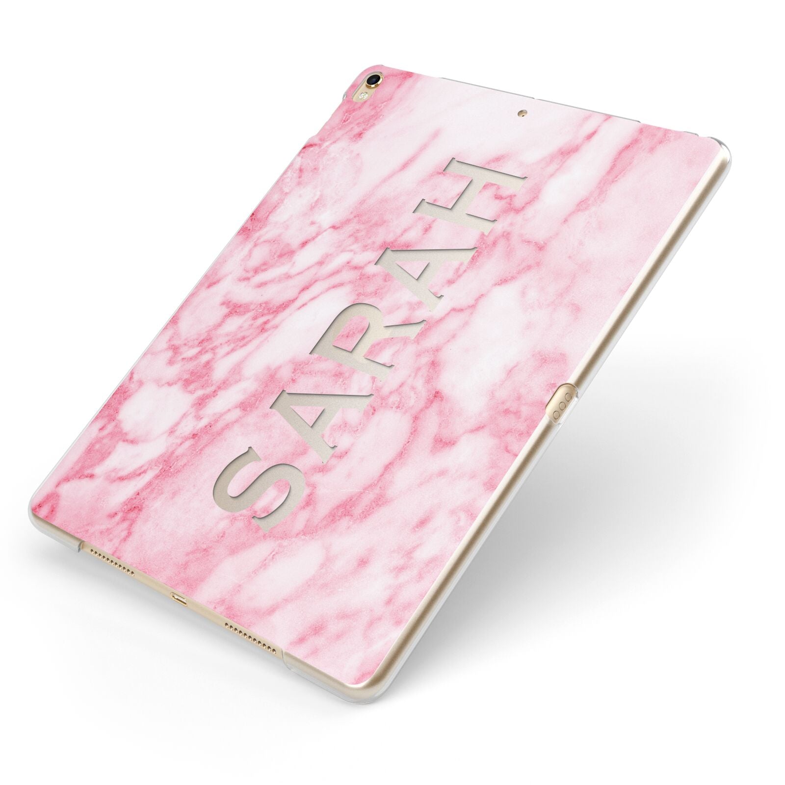 Personalised Clear Name Cutout Pink Marble Custom Apple iPad Case on Gold iPad Side View