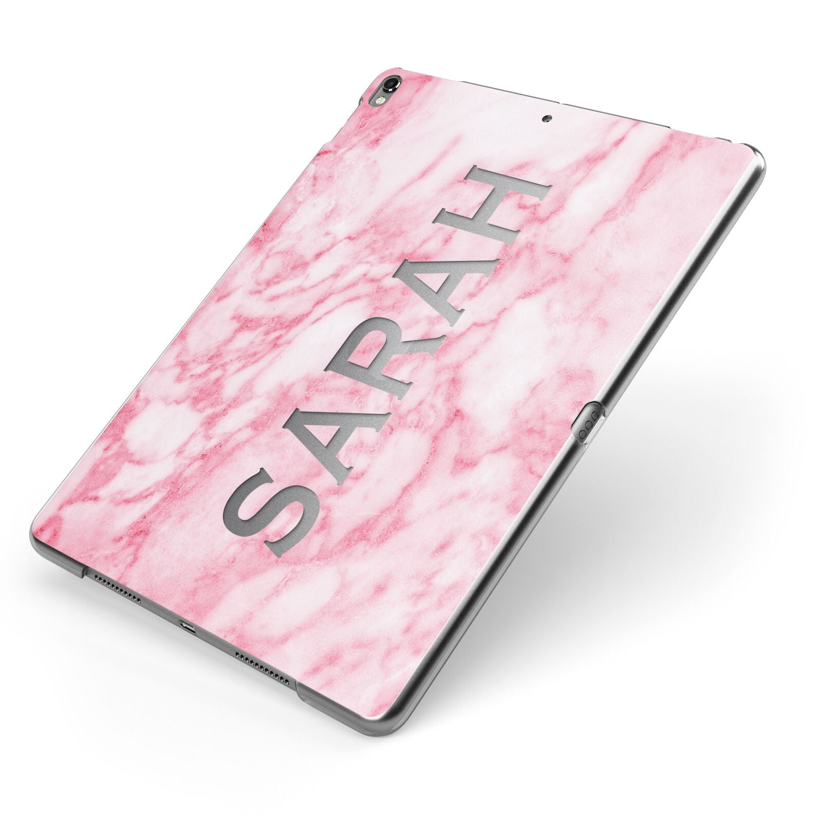 Personalised Clear Name Cutout Pink Marble Custom Apple iPad Case on Grey iPad Side View