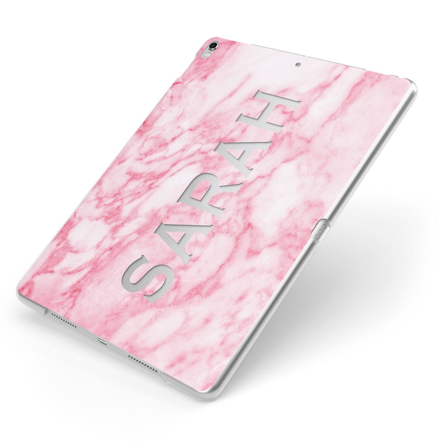 Personalised Clear Name Cutout Pink Marble Custom Apple iPad Case on Silver iPad Side View