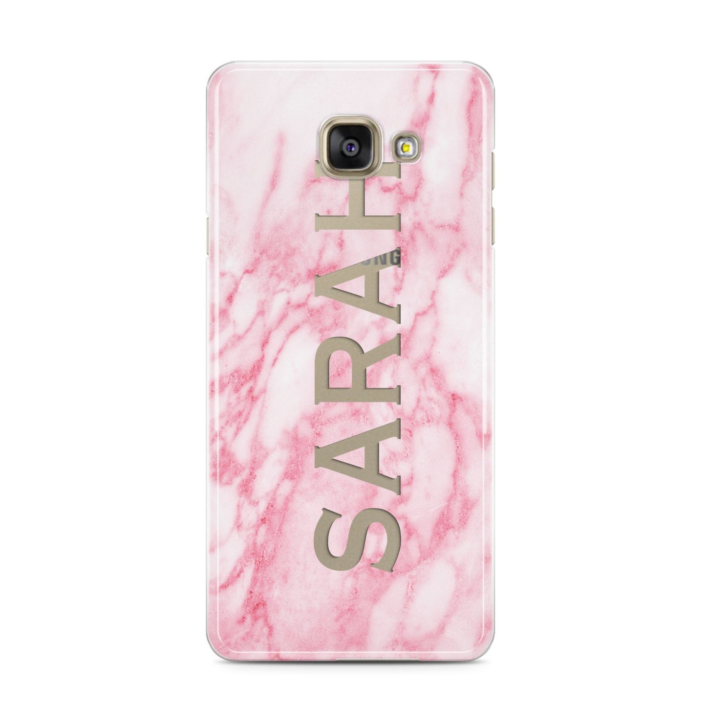 Personalised Clear Name Cutout Pink Marble Custom Samsung Galaxy A3 2016 Case on gold phone