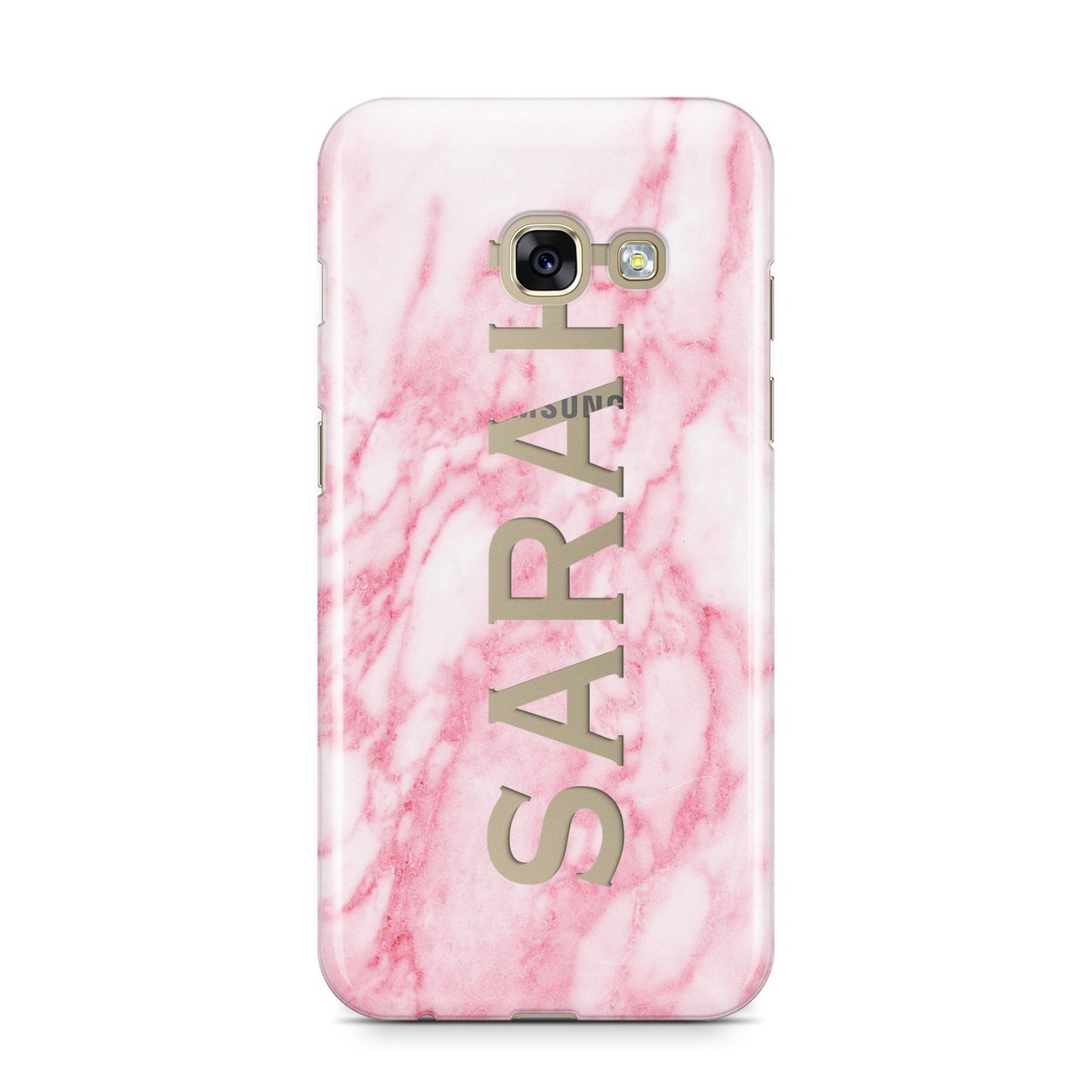Personalised Clear Name Cutout Pink Marble Custom Samsung Galaxy A3 2017 Case on gold phone