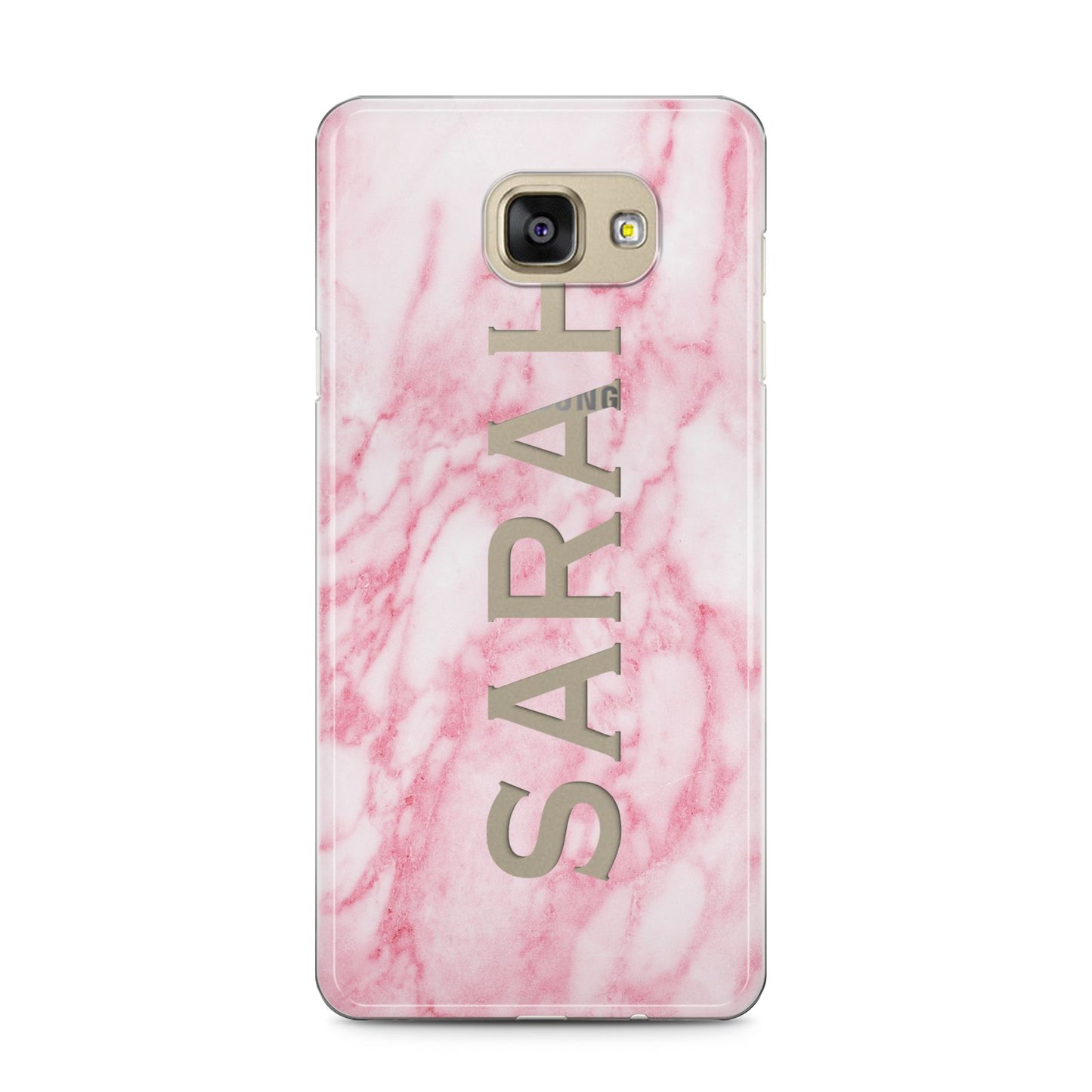 Personalised Clear Name Cutout Pink Marble Custom Samsung Galaxy A5 2016 Case on gold phone