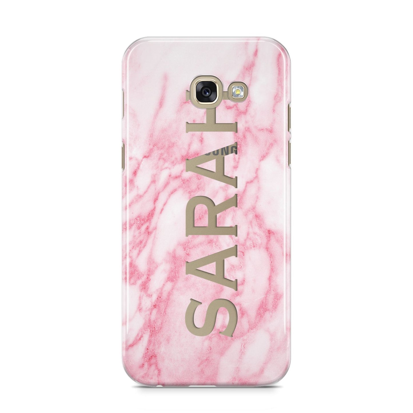 Personalised Clear Name Cutout Pink Marble Custom Samsung Galaxy A5 2017 Case on gold phone