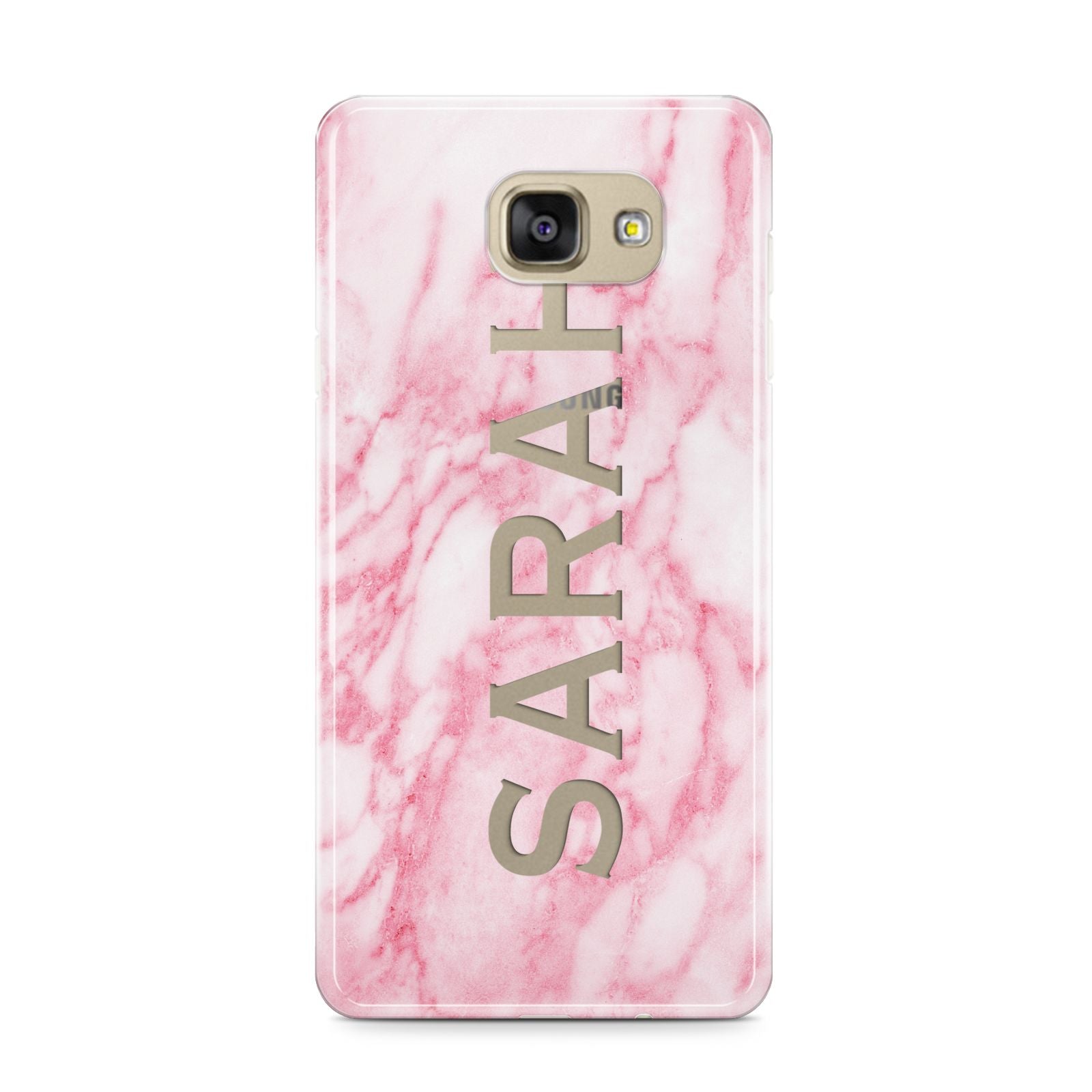 Personalised Clear Name Cutout Pink Marble Custom Samsung Galaxy A9 2016 Case on gold phone
