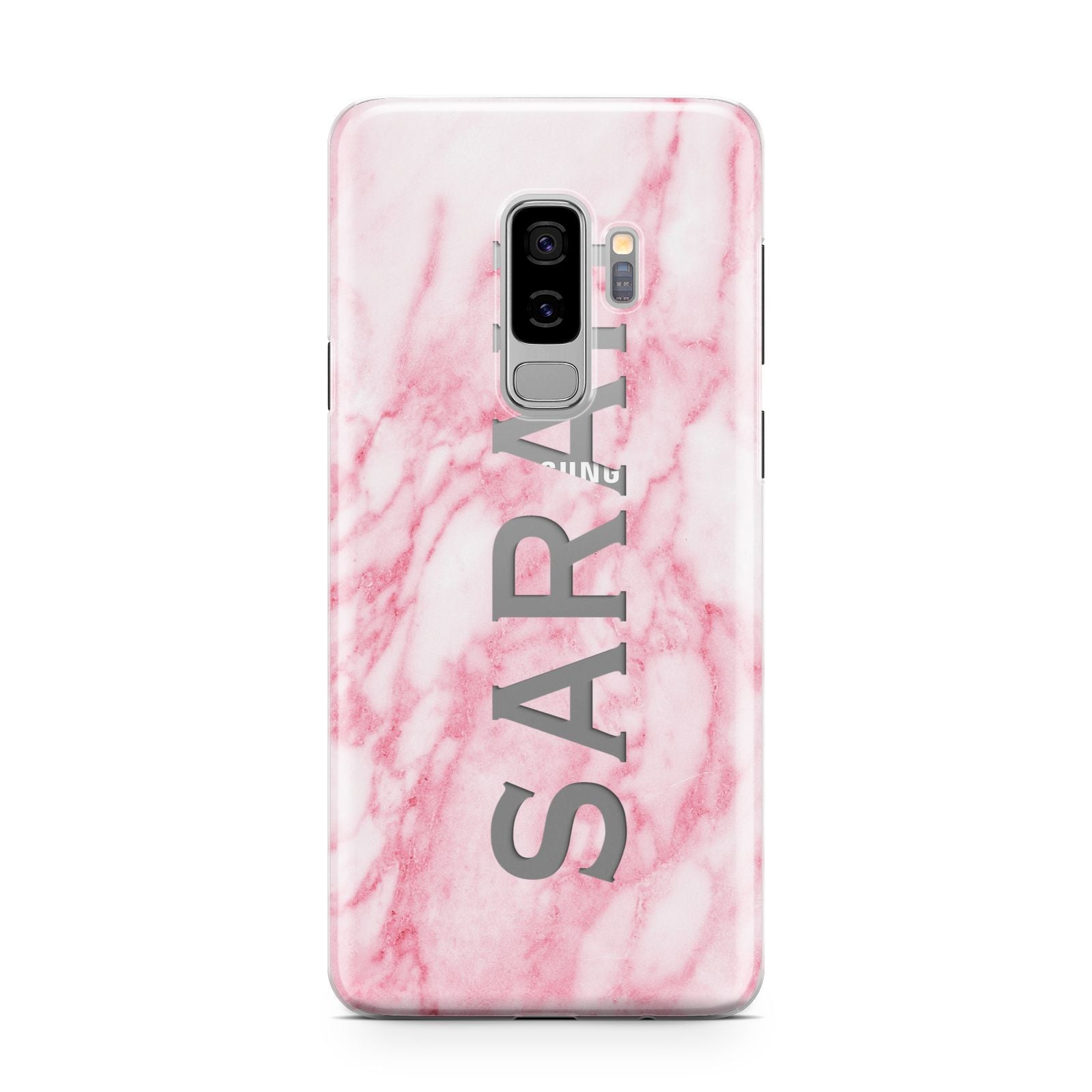 Personalised Clear Name Cutout Pink Marble Custom Samsung Galaxy S9 Plus Case on Silver phone