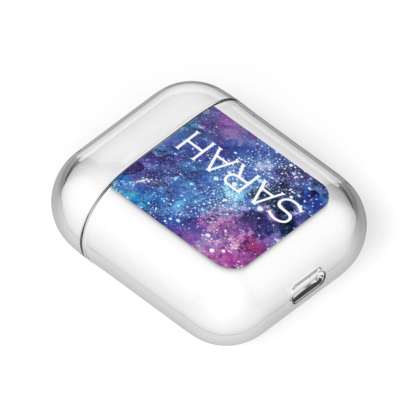 Personalised Clear Name Cutout Space Nebula Custom AirPods Case Laid Flat