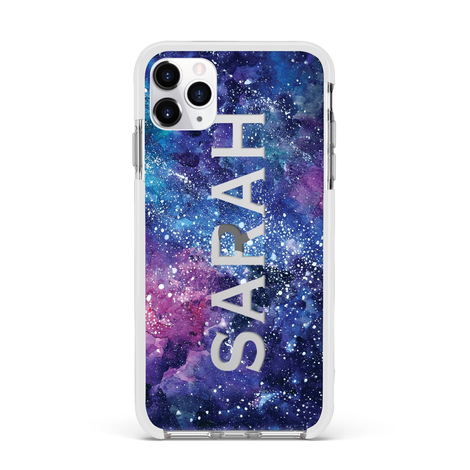Personalised Clear Name Cutout Space Nebula Custom Apple iPhone 11 Pro Max in Silver with White Impact Case