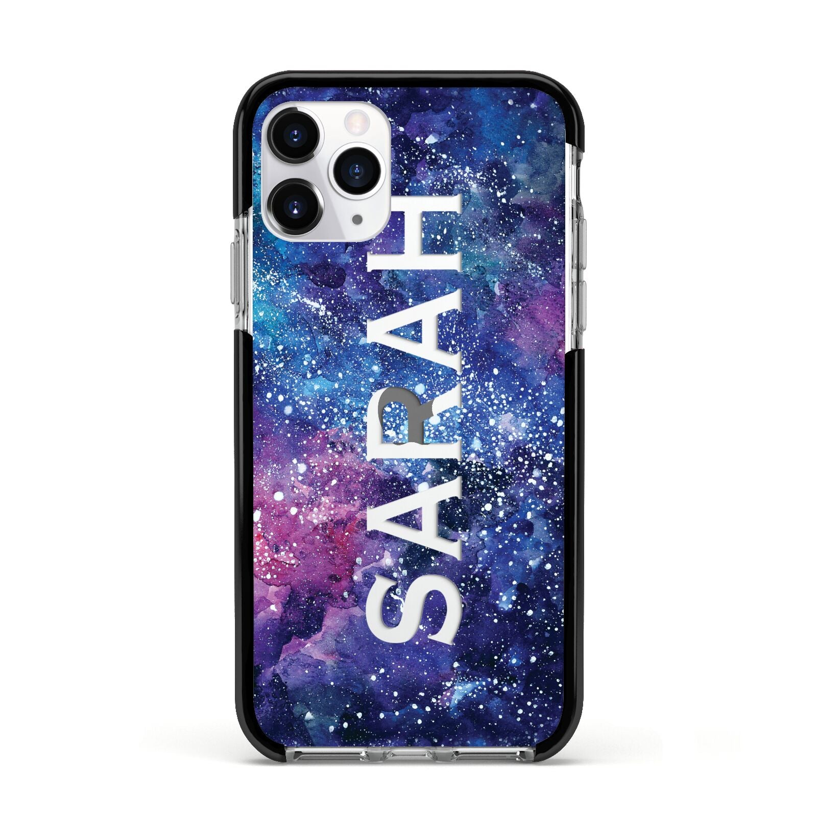 Personalised Clear Name Cutout Space Nebula Custom Apple iPhone 11 Pro in Silver with Black Impact Case