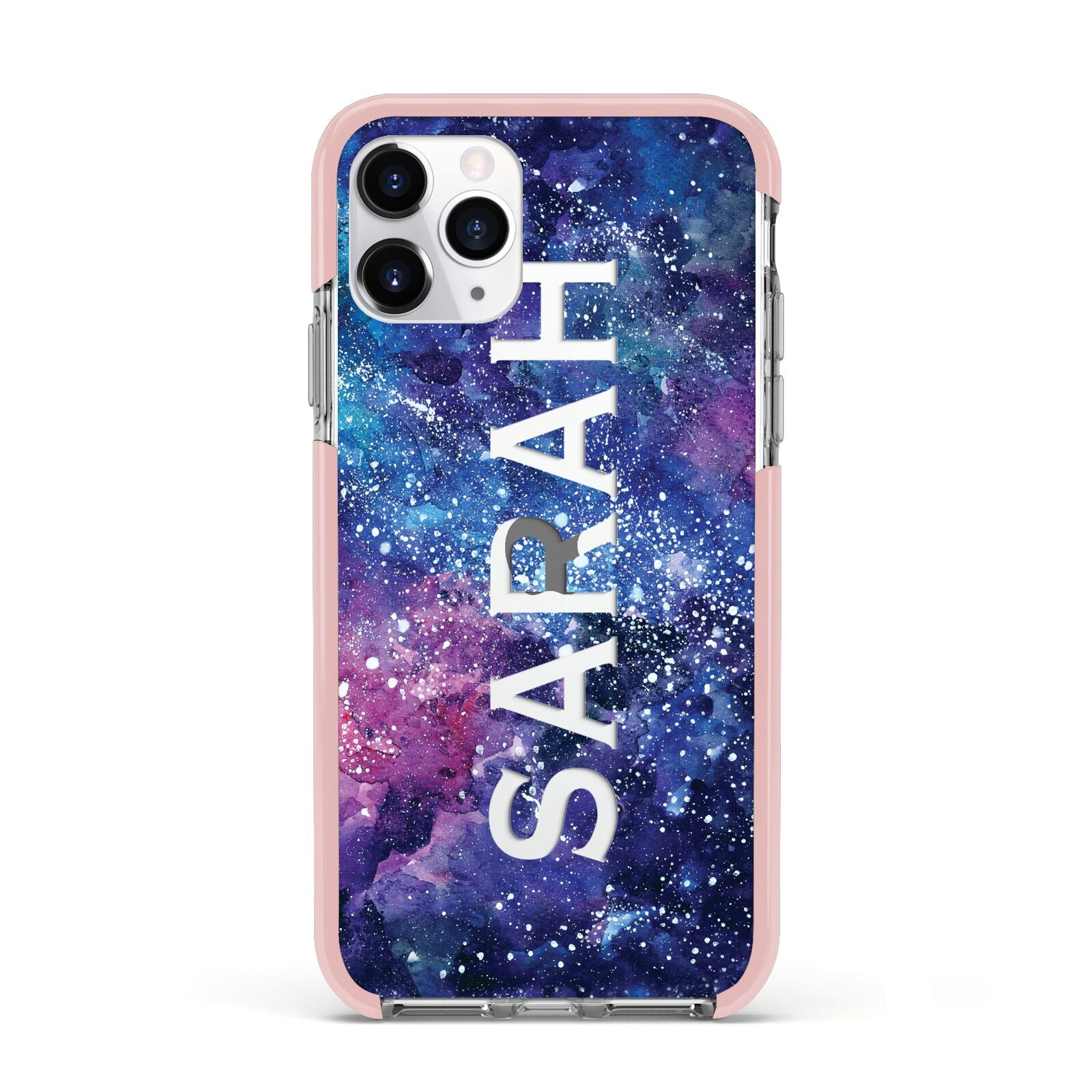 Personalised Clear Name Cutout Space Nebula Custom Apple iPhone 11 Pro in Silver with Pink Impact Case