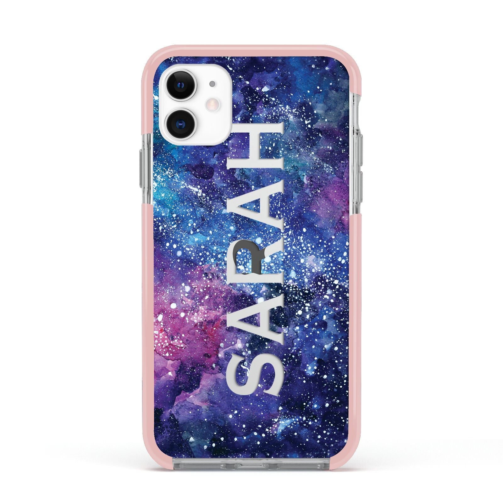 Personalised Clear Name Cutout Space Nebula Custom Apple iPhone 11 in White with Pink Impact Case