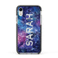 Personalised Clear Name Cutout Space Nebula Custom Apple iPhone XR Impact Case Black Edge on Silver Phone