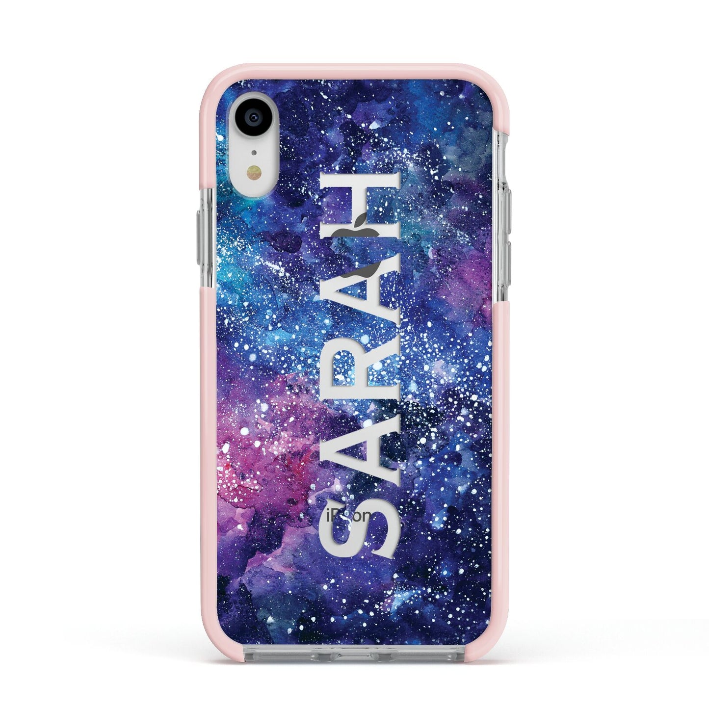 Personalised Clear Name Cutout Space Nebula Custom Apple iPhone XR Impact Case Pink Edge on Silver Phone
