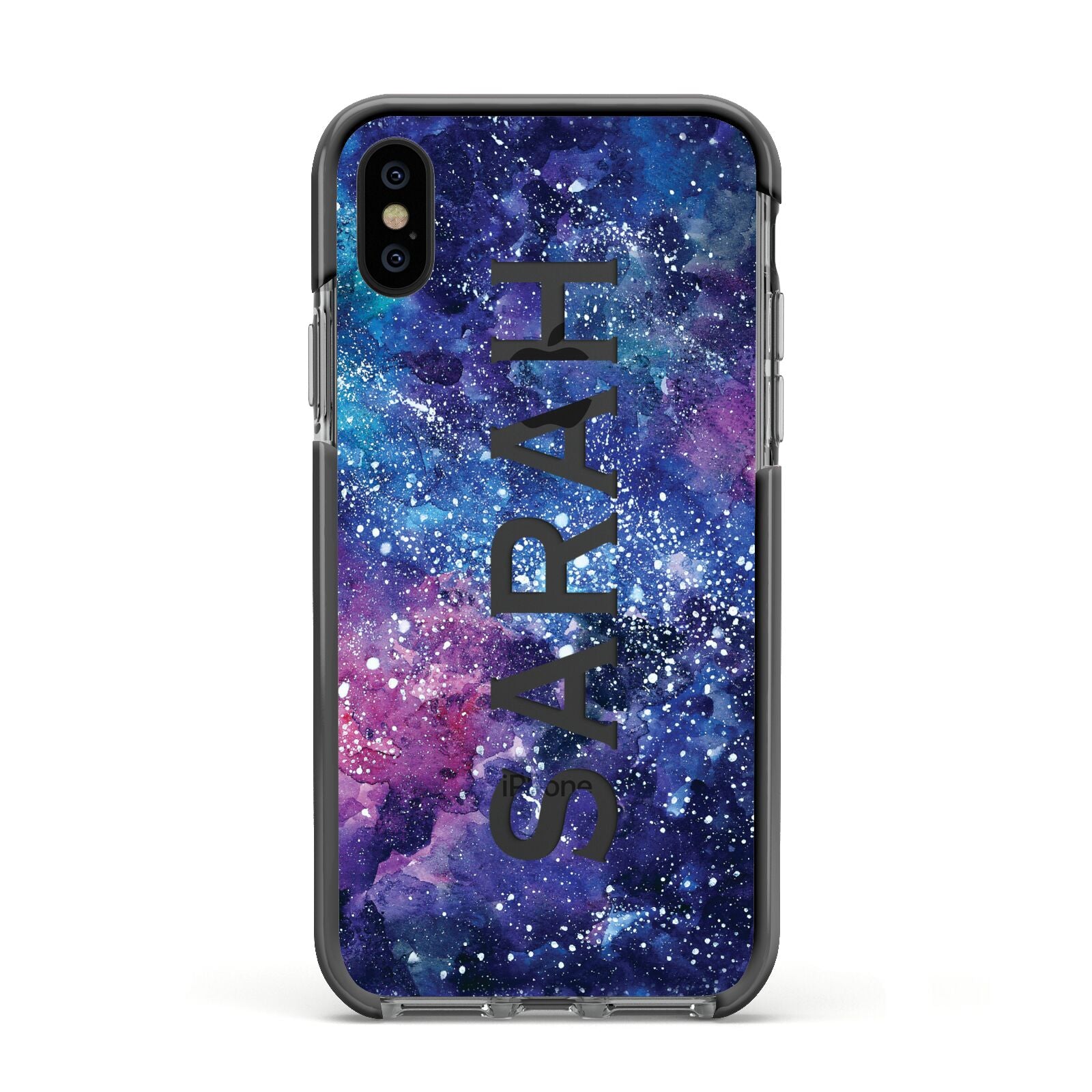 Personalised Clear Name Cutout Space Nebula Custom Apple iPhone Xs Impact Case Black Edge on Black Phone