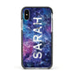 Personalised Clear Name Cutout Space Nebula Custom Apple iPhone Xs Impact Case Black Edge on Silver Phone