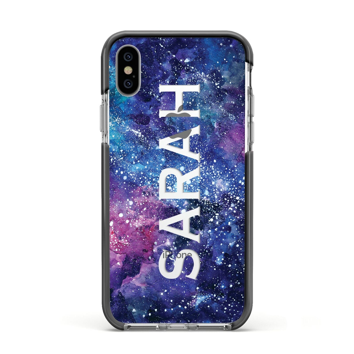 Personalised Clear Name Cutout Space Nebula Custom Apple iPhone Xs Impact Case Black Edge on Silver Phone