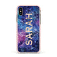 Personalised Clear Name Cutout Space Nebula Custom Apple iPhone Xs Impact Case Pink Edge on Gold Phone
