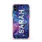Personalised Clear Name Cutout Space Nebula Custom Apple iPhone Xs Impact Case Pink Edge on Silver Phone