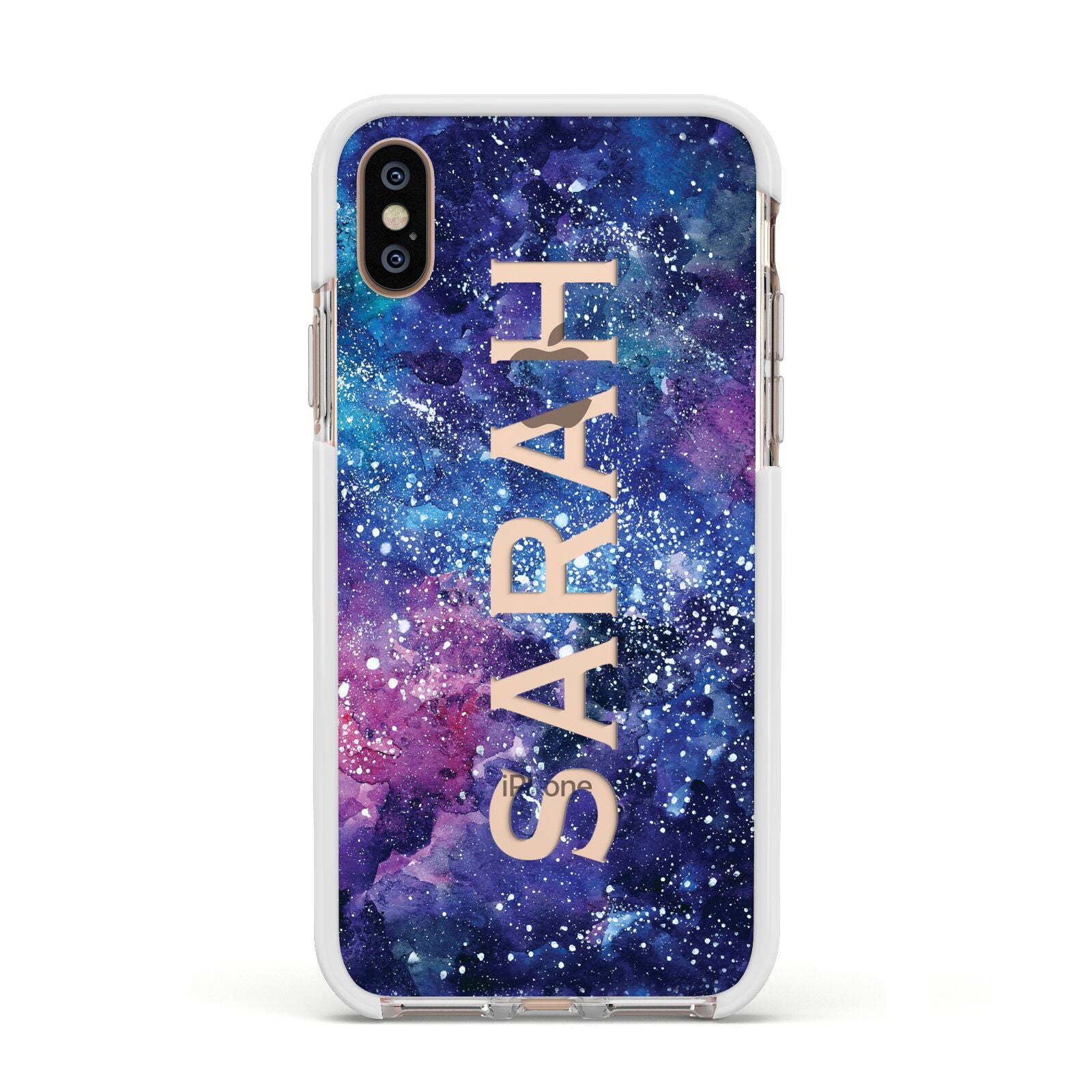 Personalised Clear Name Cutout Space Nebula Custom Apple iPhone Xs Impact Case White Edge on Gold Phone