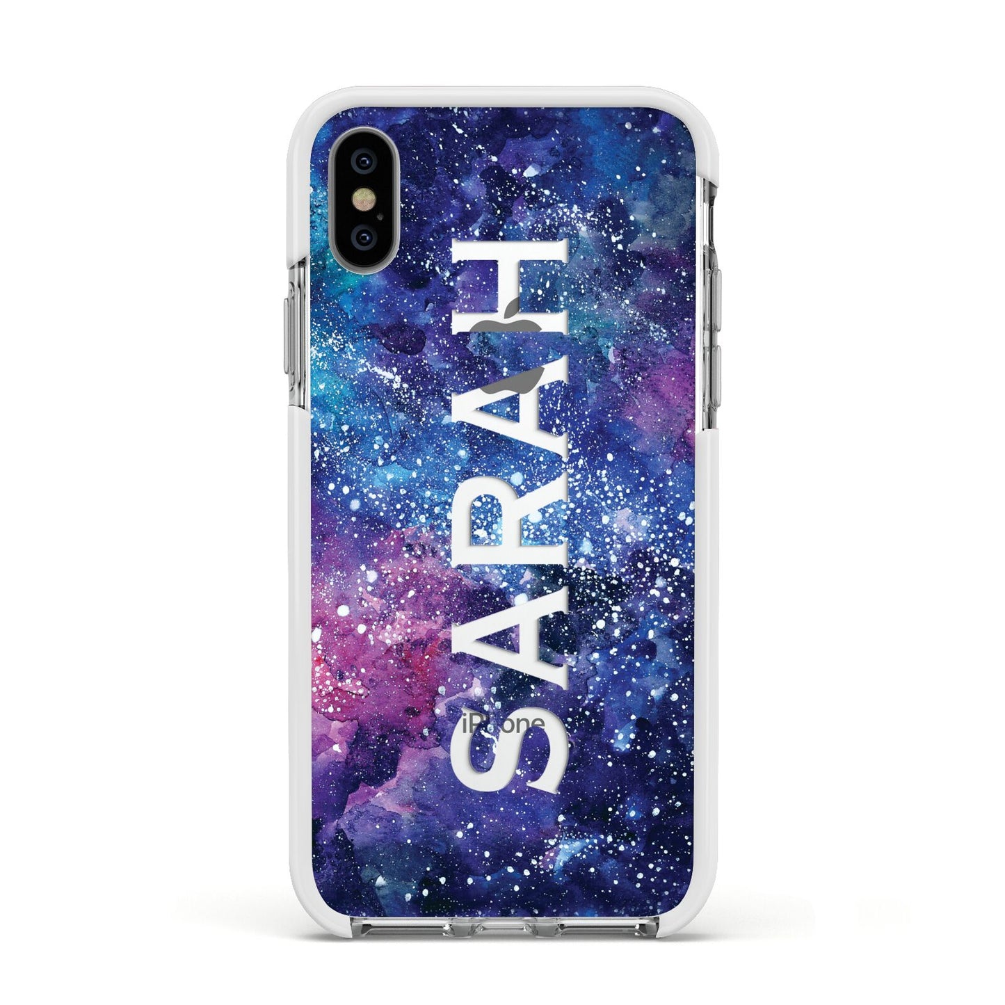 Personalised Clear Name Cutout Space Nebula Custom Apple iPhone Xs Impact Case White Edge on Silver Phone