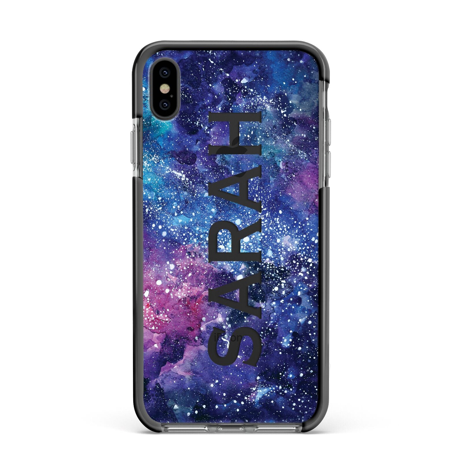 Personalised Clear Name Cutout Space Nebula Custom Apple iPhone Xs Max Impact Case Black Edge on Black Phone