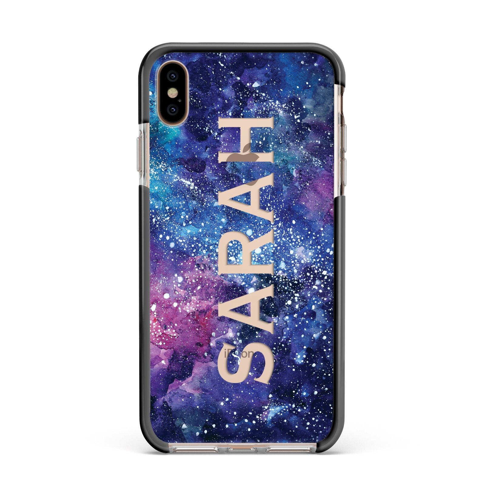 Personalised Clear Name Cutout Space Nebula Custom Apple iPhone Xs Max Impact Case Black Edge on Gold Phone