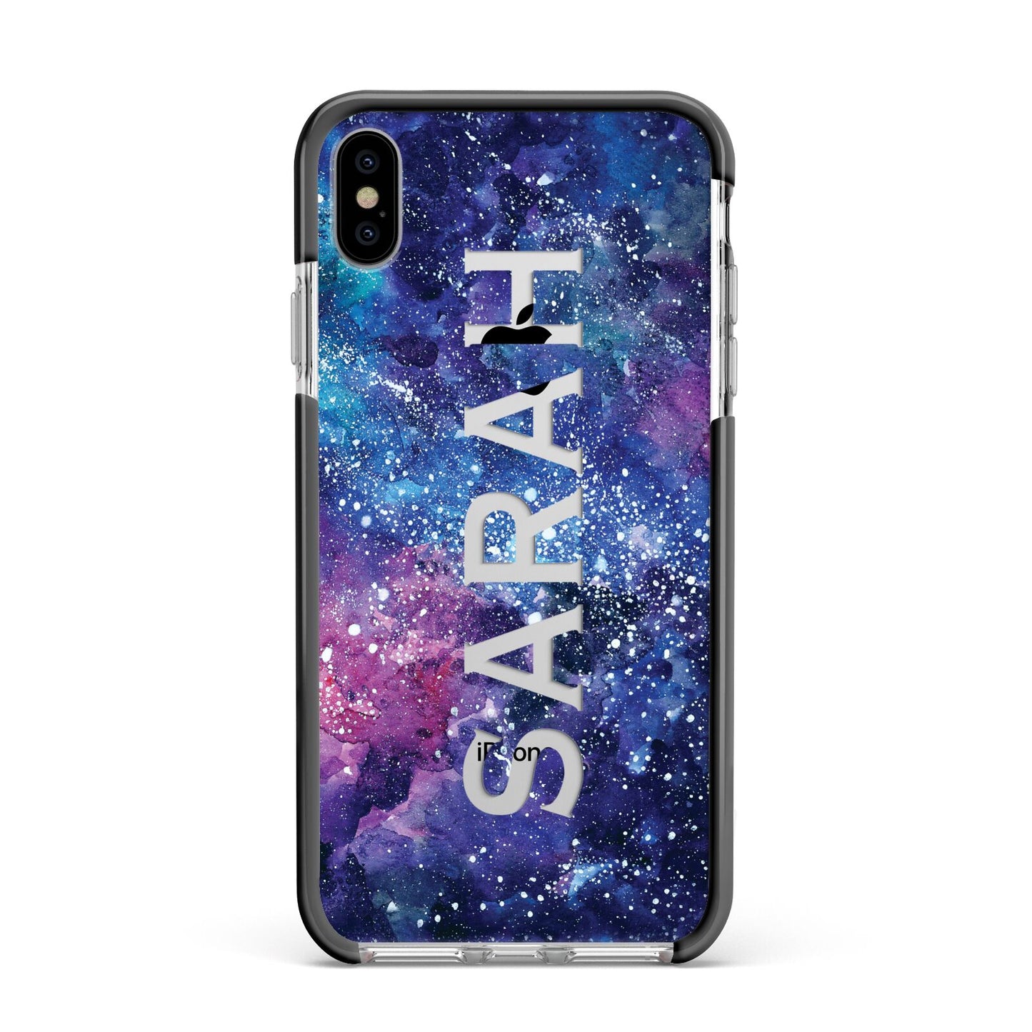 Personalised Clear Name Cutout Space Nebula Custom Apple iPhone Xs Max Impact Case Black Edge on Silver Phone