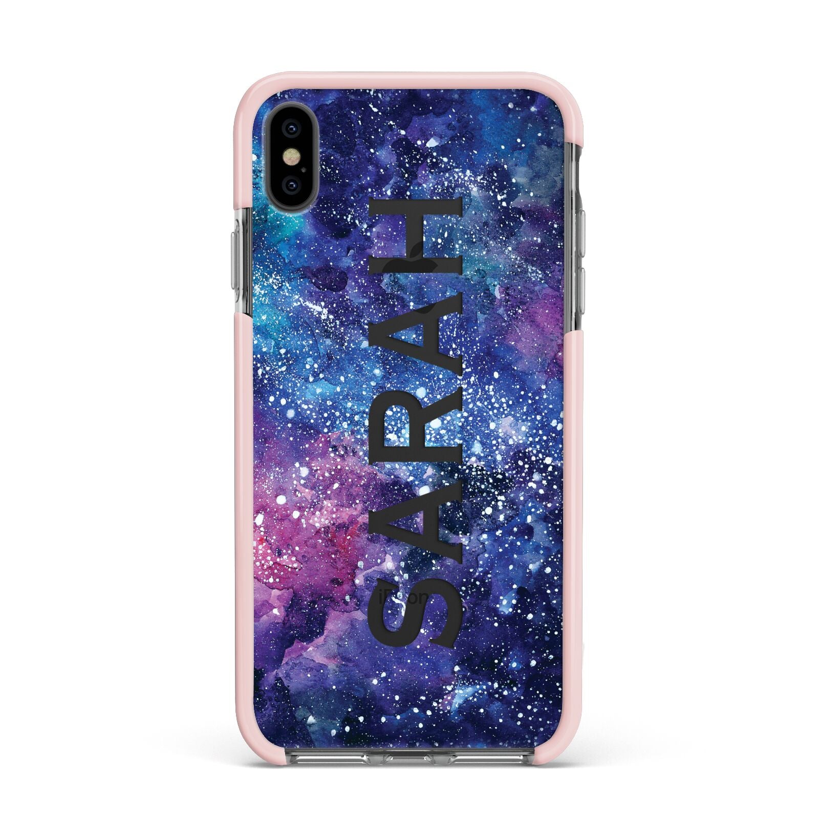 Personalised Clear Name Cutout Space Nebula Custom Apple iPhone Xs Max Impact Case Pink Edge on Black Phone