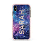 Personalised Clear Name Cutout Space Nebula Custom Apple iPhone Xs Max Impact Case Pink Edge on Gold Phone