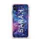 Personalised Clear Name Cutout Space Nebula Custom Apple iPhone Xs Max Impact Case Pink Edge on Silver Phone