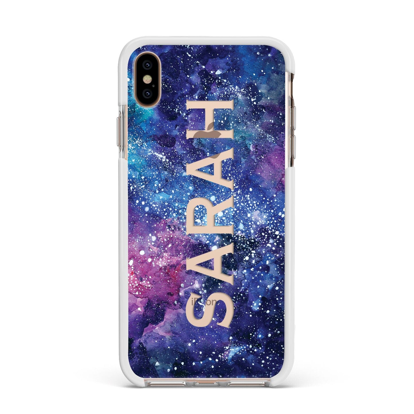 Personalised Clear Name Cutout Space Nebula Custom Apple iPhone Xs Max Impact Case White Edge on Gold Phone