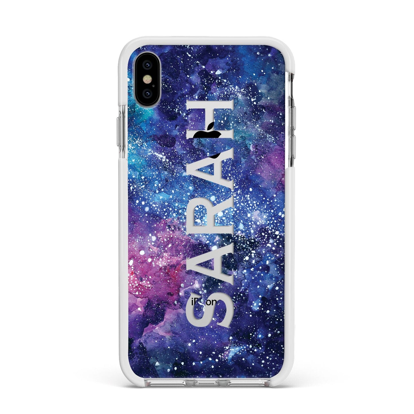 Personalised Clear Name Cutout Space Nebula Custom Apple iPhone Xs Max Impact Case White Edge on Silver Phone