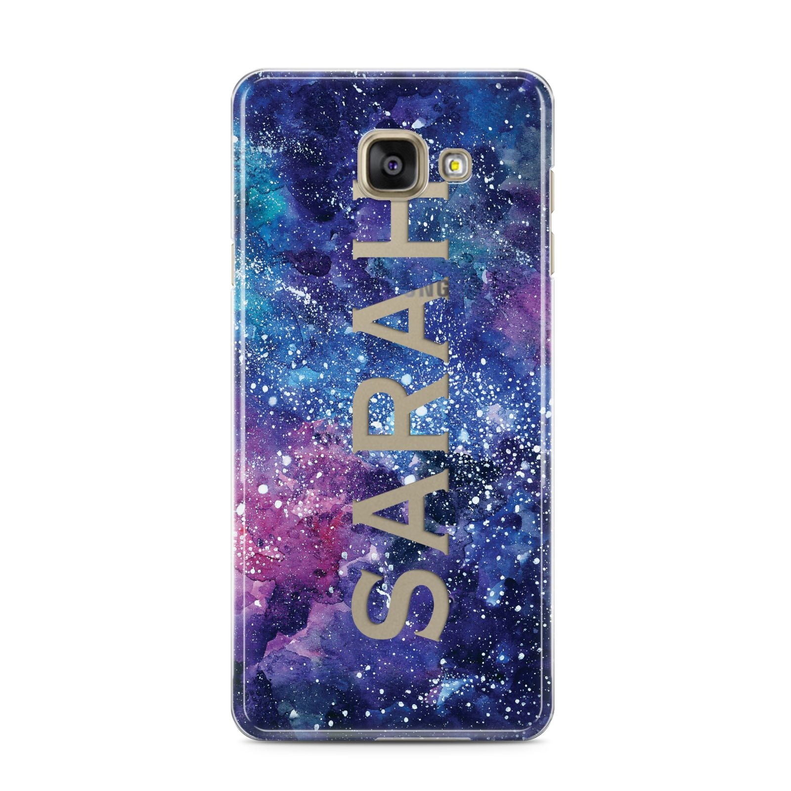 Personalised Clear Name Cutout Space Nebula Custom Samsung Galaxy A3 2016 Case on gold phone