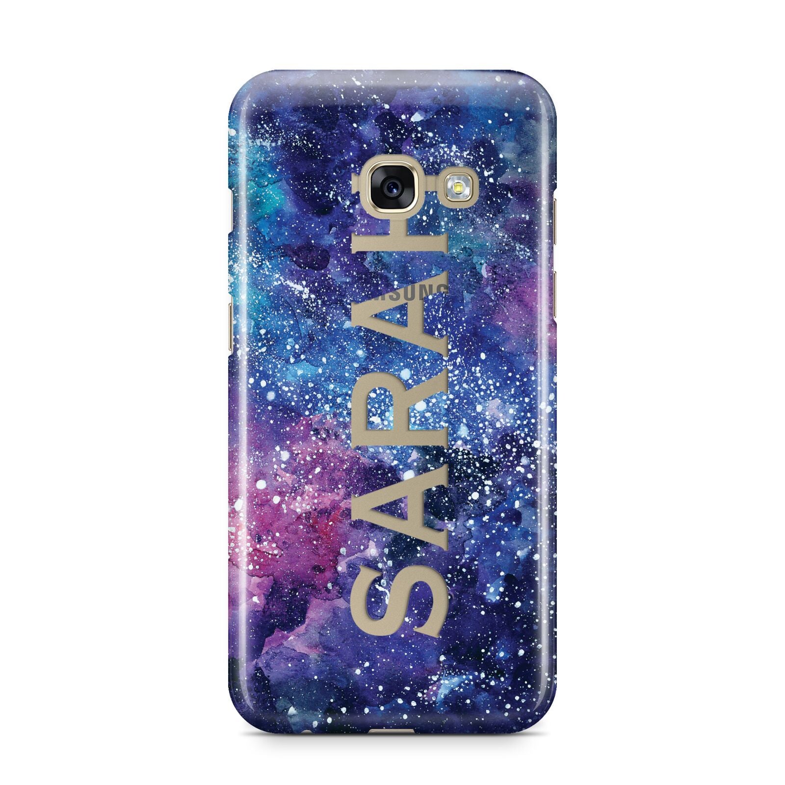 Personalised Clear Name Cutout Space Nebula Custom Samsung Galaxy A3 2017 Case on gold phone