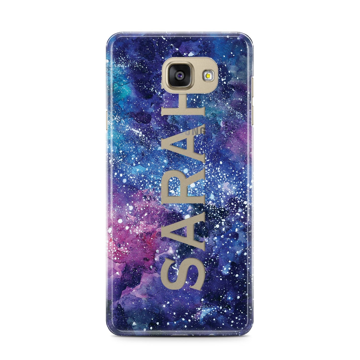 Personalised Clear Name Cutout Space Nebula Custom Samsung Galaxy A7 2016 Case on gold phone