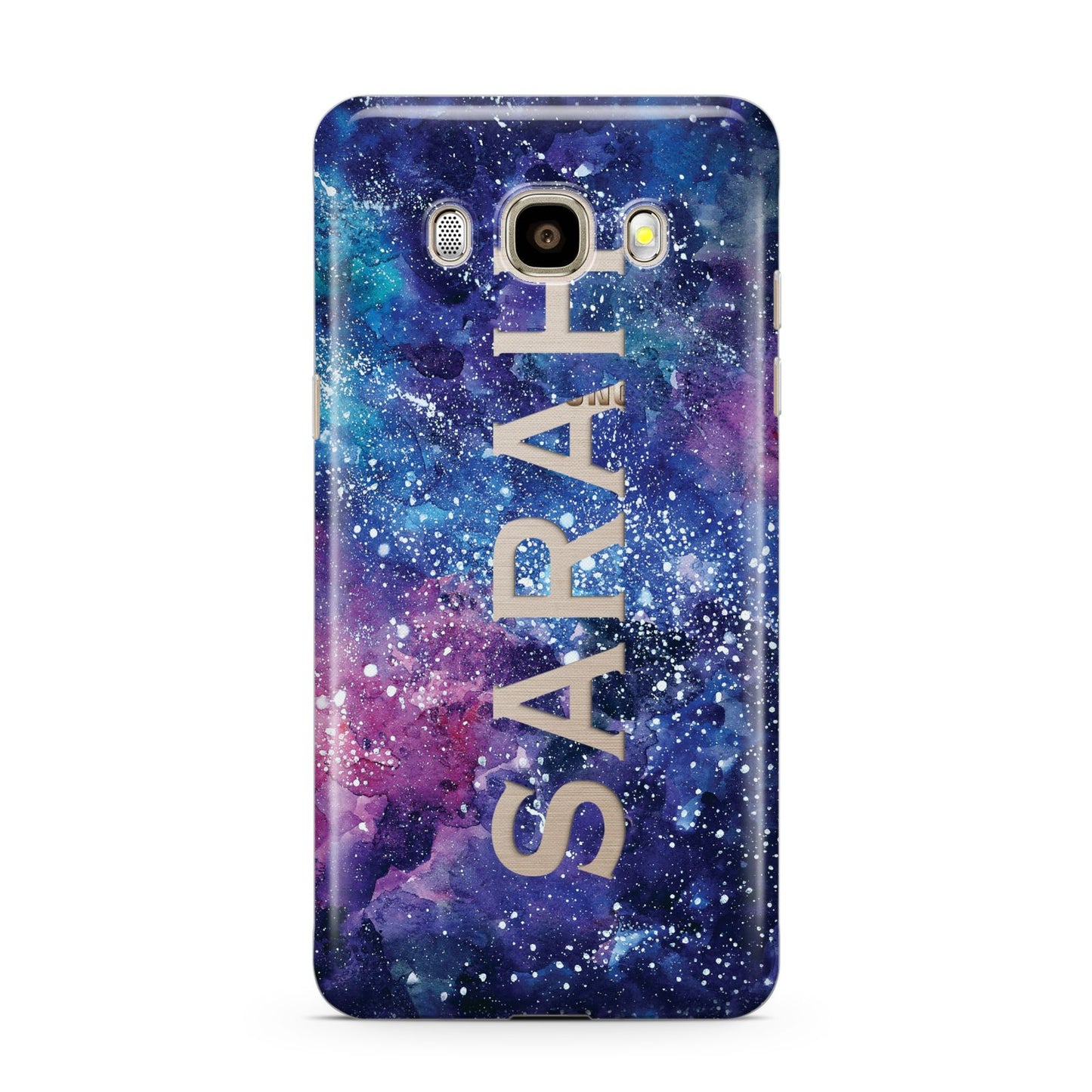 Personalised Clear Name Cutout Space Nebula Custom Samsung Galaxy J7 2016 Case on gold phone