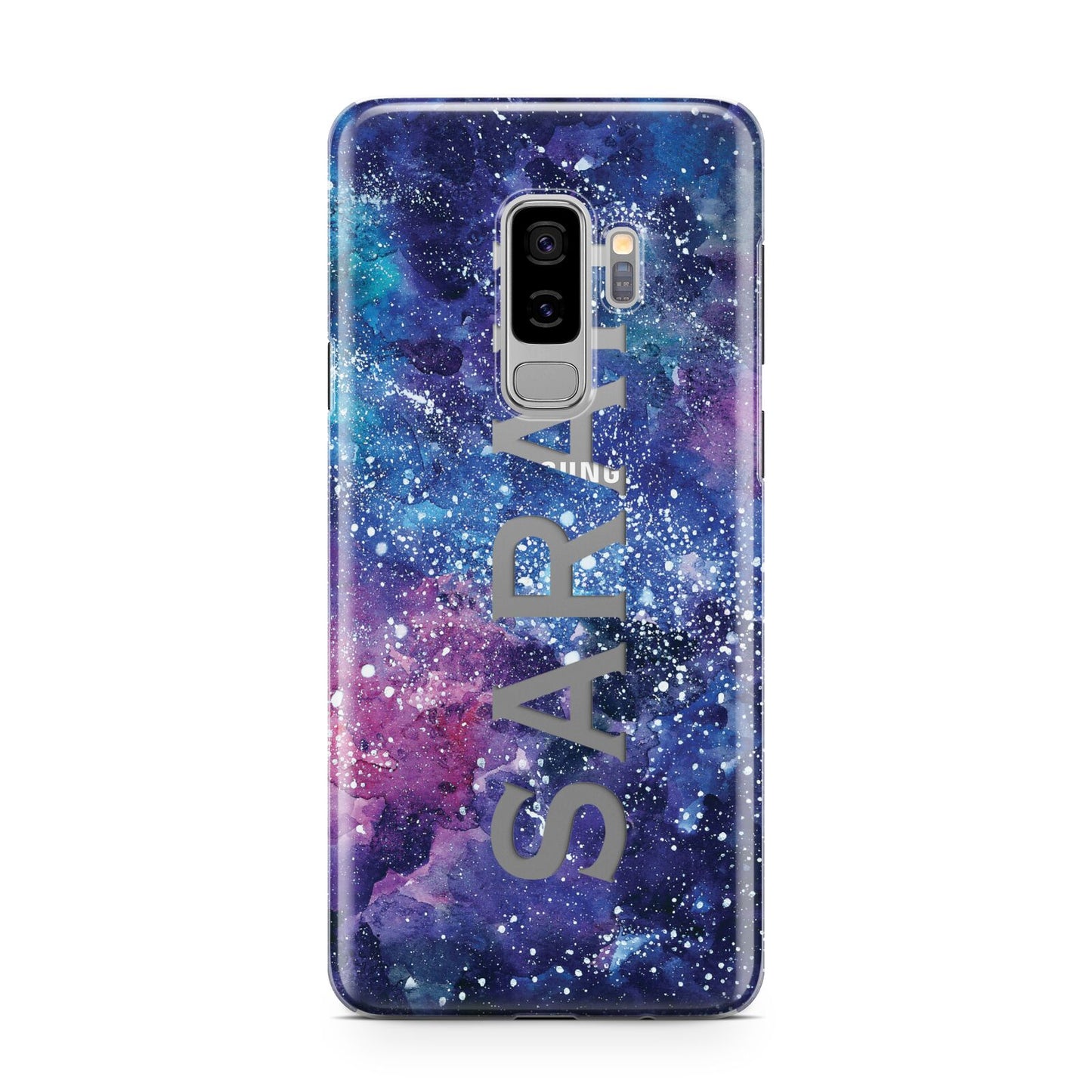 Personalised Clear Name Cutout Space Nebula Custom Samsung Galaxy S9 Plus Case on Silver phone