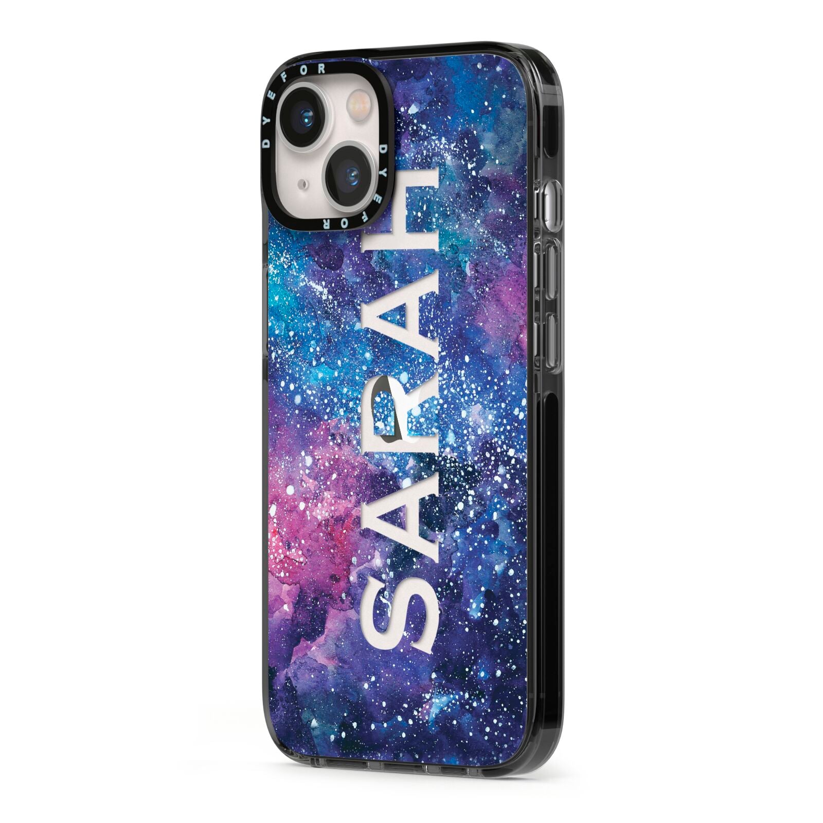 Personalised Clear Name Cutout Space Nebula Custom iPhone 13 Black Impact Case Side Angle on Silver phone