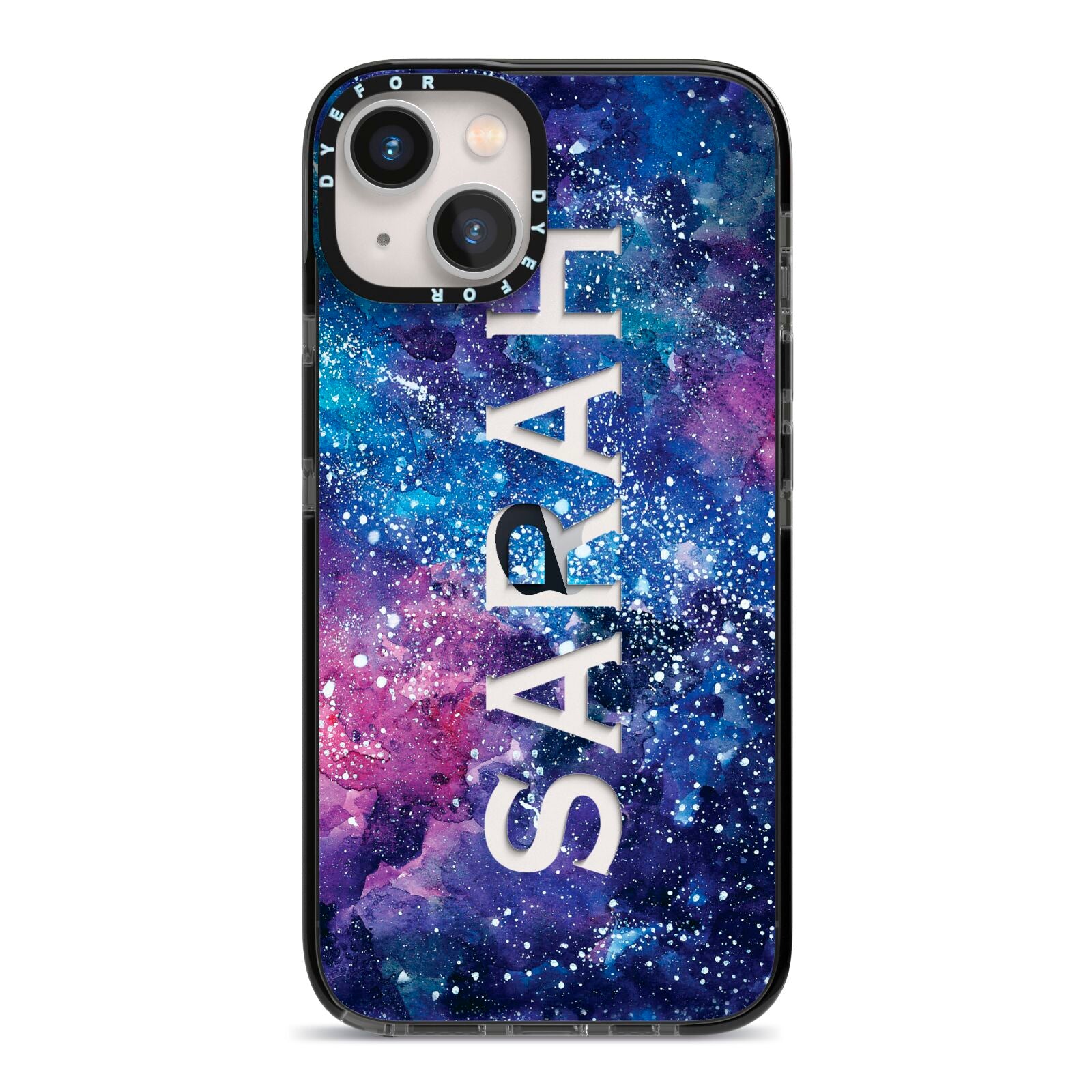 Personalised Clear Name Cutout Space Nebula Custom iPhone 13 Black Impact Case on Silver phone